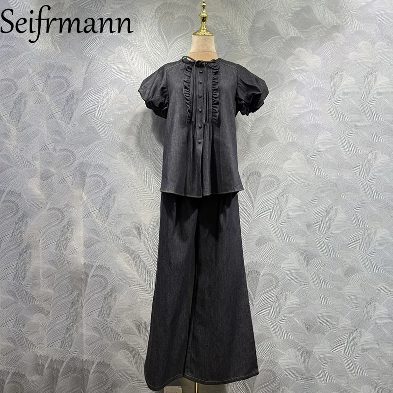 

Seifrmann 2026 Summer Women's New Fashion Round Neck Short Sleeve Denim Cardigan Top+Pants Two Piece Set