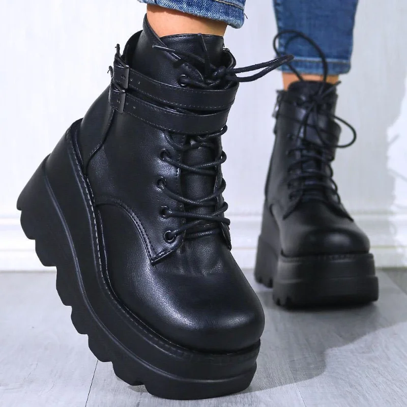 2023 nueva primavera otoño moda plataforma botas De cuña tobillo mujeres estilo Punk punta redonda botas De Mujer atadas cruzadas Botines De Muj