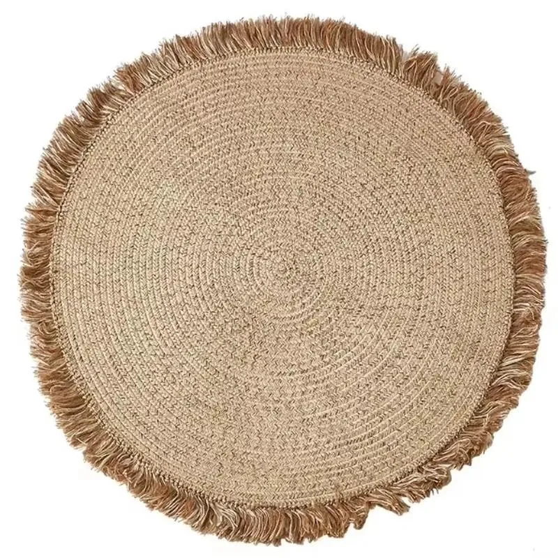 Hand Woven Jute Area Rug Luxury Thick Round Carpet with Fringed Tassel