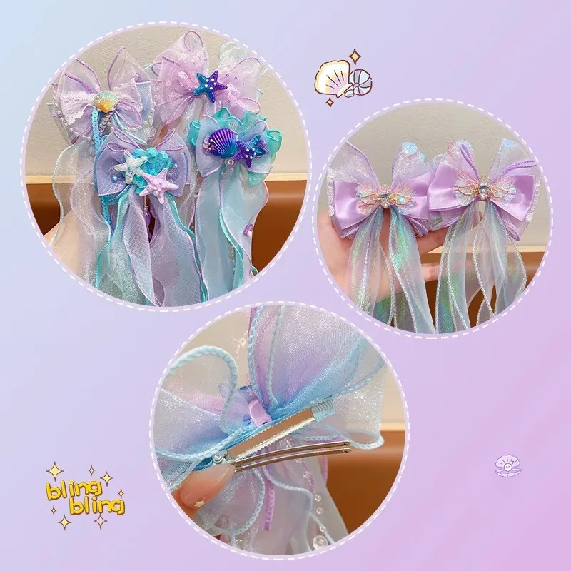 Mermaid Long Ribbon Pearl Hair Clip for Kids Cute Daily Wear Ponytail Clip Fashion Girl Photograph Haripin Hair Accessories