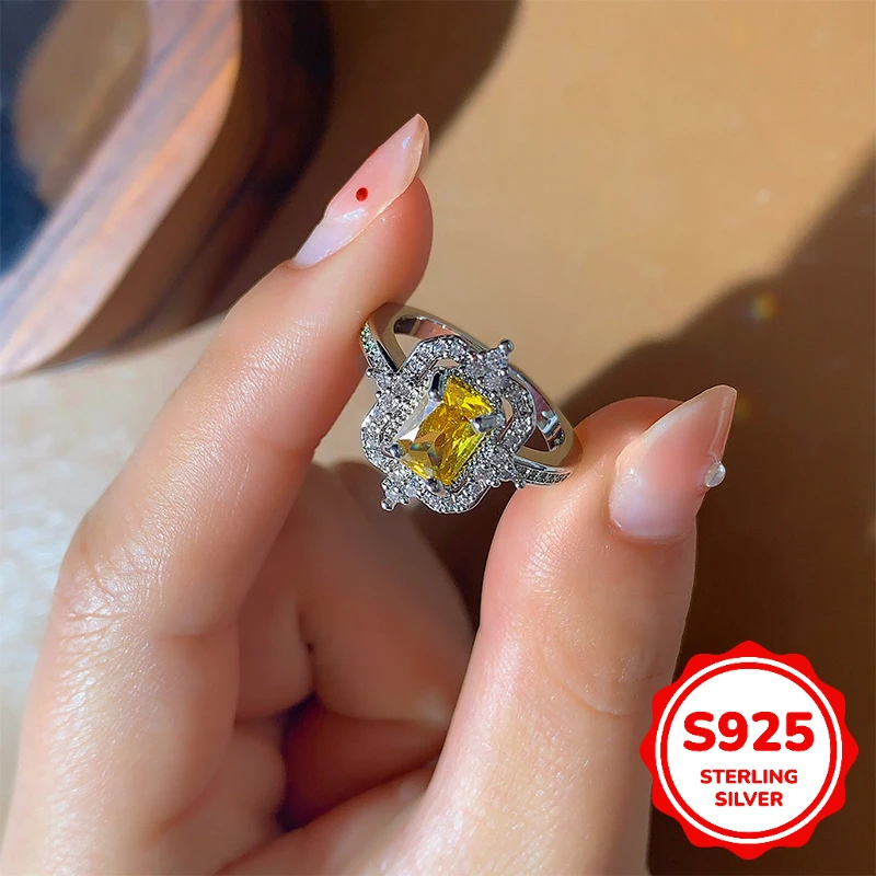 

Exquisite S925 Sterling Silver Four-claw Light Sapphire Geometric Opening Adjustable Ring for Women Engagement Gift Jewelry