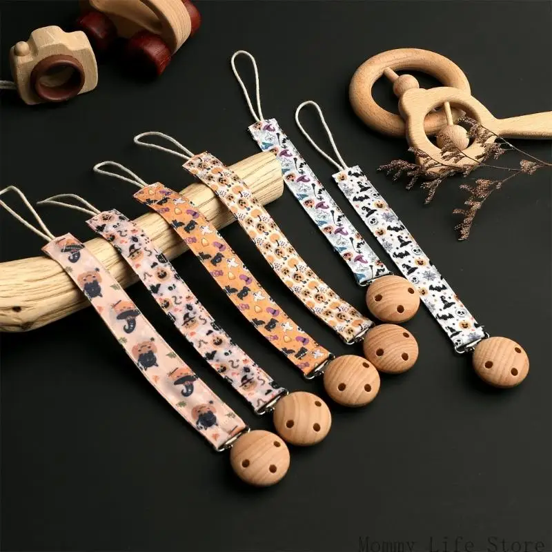 

Halloween Baby Pacifier Holder Chain Belt, Fashionable Teething Toy Lanyard Strap Wooden Clip Design for Soother