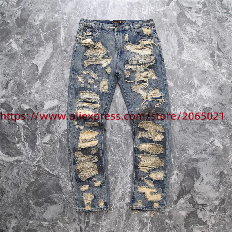 Gewassen Beschadigde Borduurpatches Vintage Denim Jeans Heren Dames 1:1 Beste Kwaliteit Broek