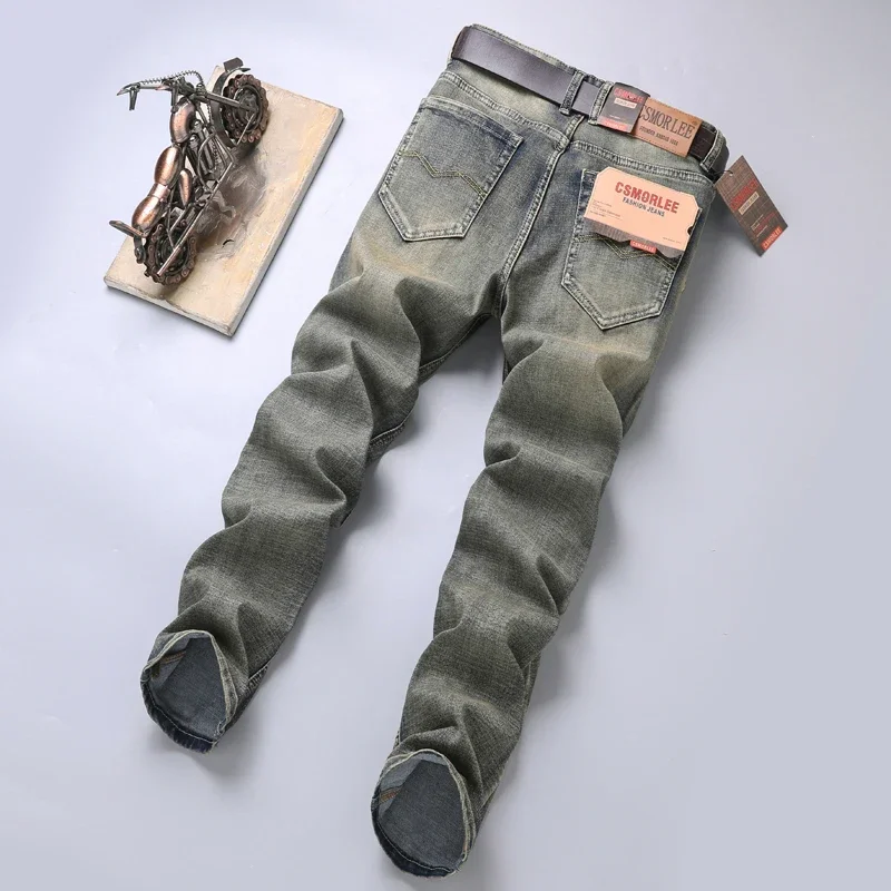 Spring Men Classic Business Jeans Straight Work Wear Vintage Distressed Slim Denim Pants Fashion Casual Trousers Male Clothing