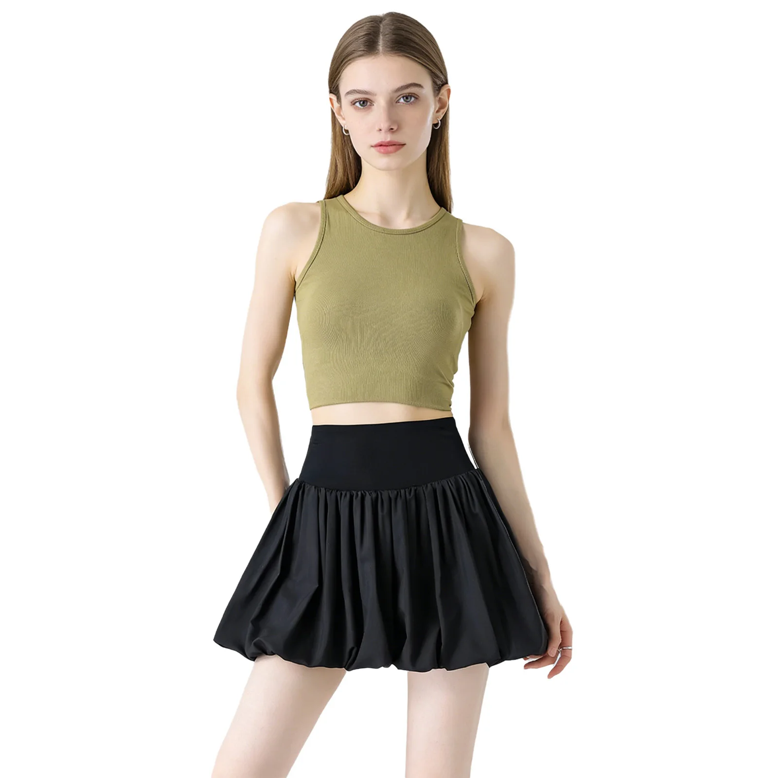 Women Workout Cycling Gym Skirts High Waist Bubble Skirt with Built-in Shorts for Golf Tennis Badminton Outdoor Sports Exercise
