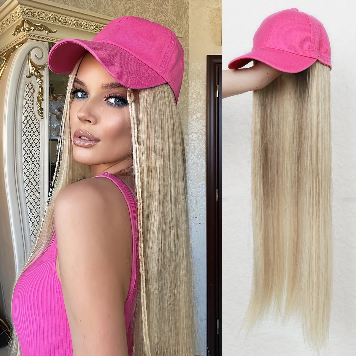 Long Straight Synthetic Baseball Cap Hair Wig for Girl Hair Wig Naturally Connect Hat Wigs Adjustable