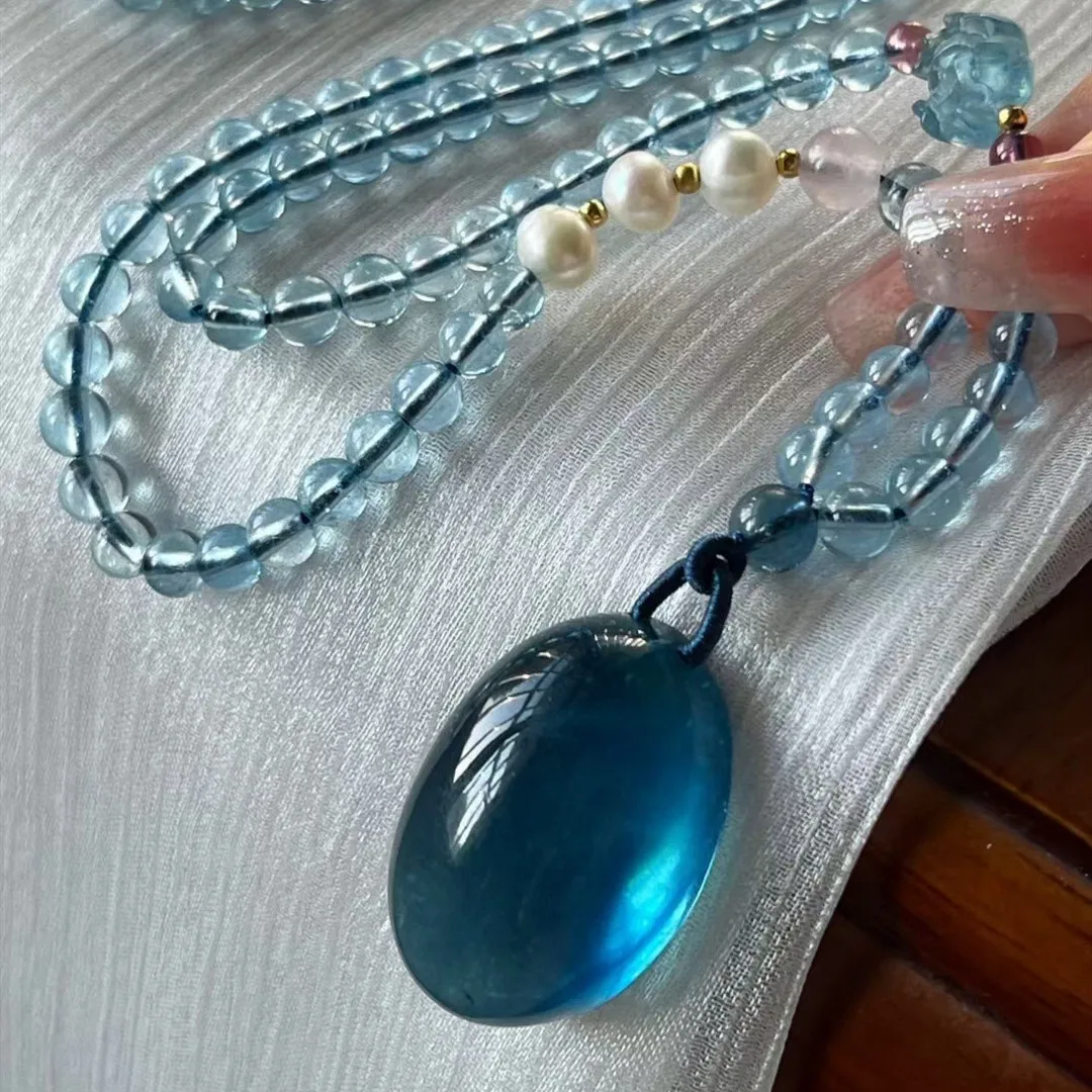 Natural Blue Aquamarine Quartz Pendant 29x19.7mm Oval Round Beads Women Jewelry Brazil Blue Aquamarine Necklace AAAAA