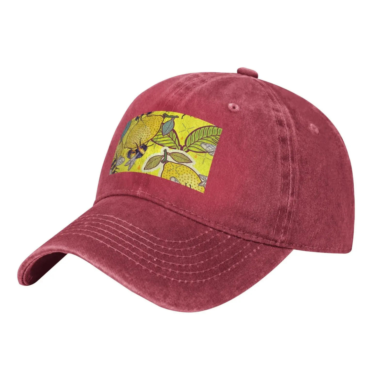 

Yellow Lemon and Bee Print Washed Cowboy Baseball Cap for Adults Adjustable Baseball Cap Outdoor Sports