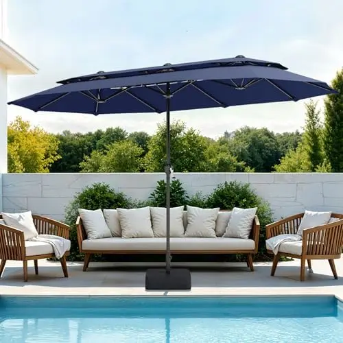 13ft Large Patio Umbrellas with Base Included, 2-Tier Double-Sided Outdoor Market Rectangle Umbrella for Outside, Blue