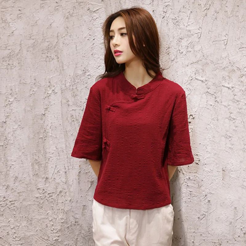 Cotton Linen Vintage Tops Short Women 2022 Summer New Solid Improve Chinese Shirt Female Ethnic Style Blouse Traditional Clothes