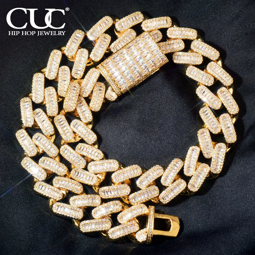 CUC 18MM Men Miami Chain Baguette Cuban Necklace Iced Out Cubic Zirconia Gold Silver Color Hip Hop Punk Jewelry