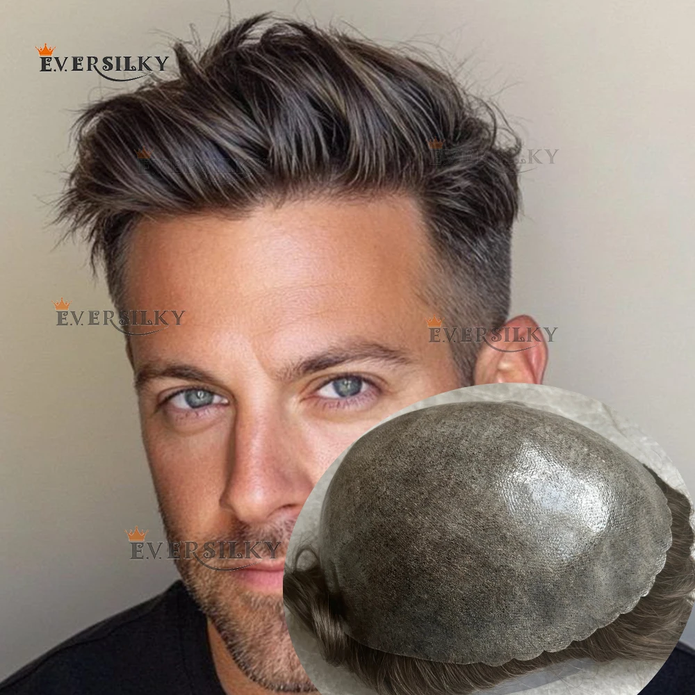 Super Durable 0.1mm Poly PU Skin Men's Human Hair Jet Black Capillary Prosthesis Grey BrownMen Injected Skin Toupee for Male Wig