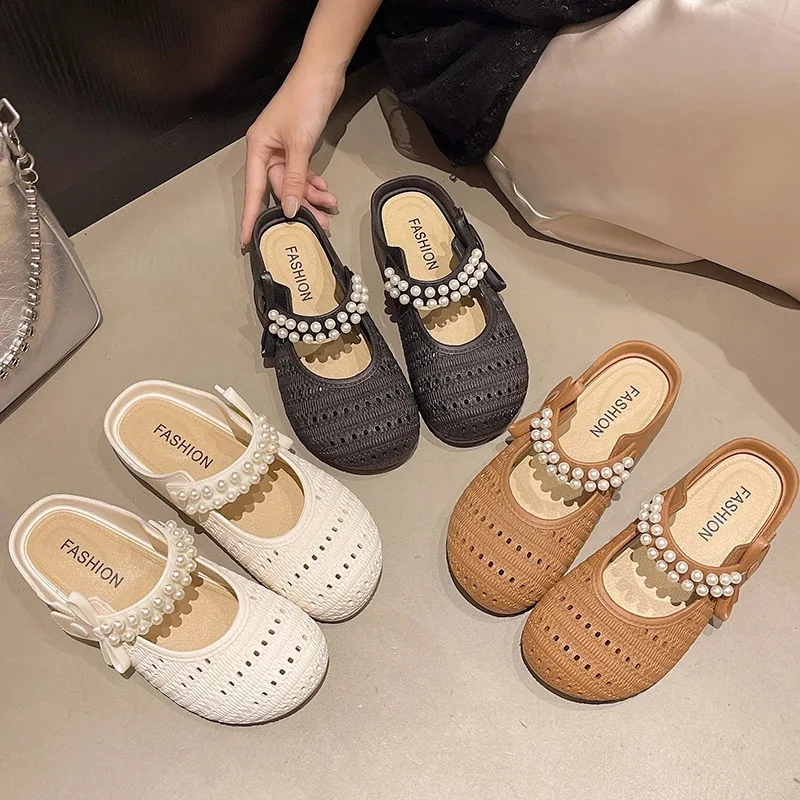 Summer Breathable Casual Light Walking Women's Slippers Hollow Out Women's Sandals Pearl Bow Slip on Backless Flats Woman Shoes