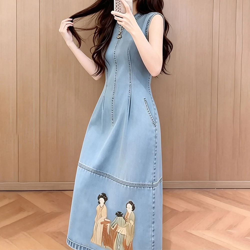 Vestido largo de mezclilla azul francés para mujer, verano 2026, hermoso, con cintura fruncida, de alta gama, muy elegante.