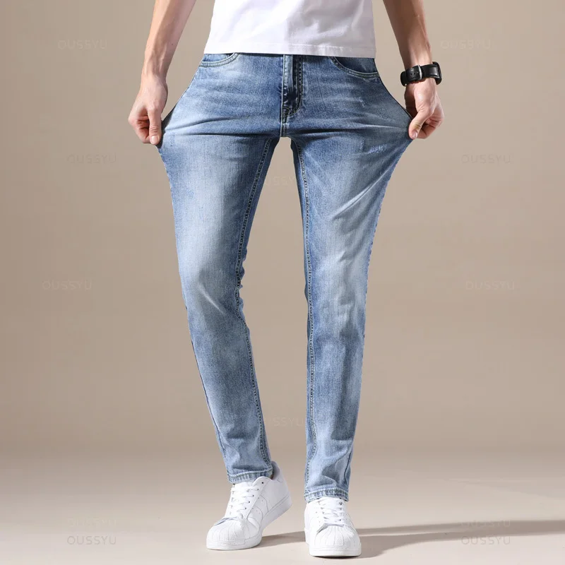 Odzież marki OUSSYU Jeans Men wysokiej jakości Stretch jasnoniebieskie dżinsy moda plisowane, w stylu Retro kieszonkowe spodnie spodnie Skinny fit 28-40