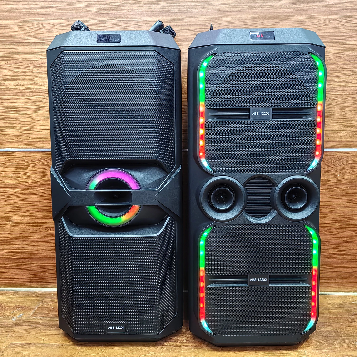 

New Dual 12 Inch Stereo Woofer Karaoke Speaker With 2 Mic RGB Light HIFI Bass Wireless Blue-tooth Tower Outdoor Party Speaker