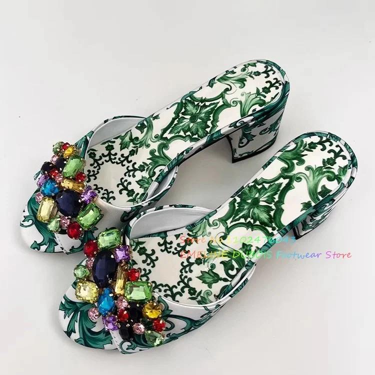 

Summer Luxurious Print Leather Sandals Women Peep Toe Colorful Diamond Beaded Rhinestone Slingbacks Mules Wedding Shoes