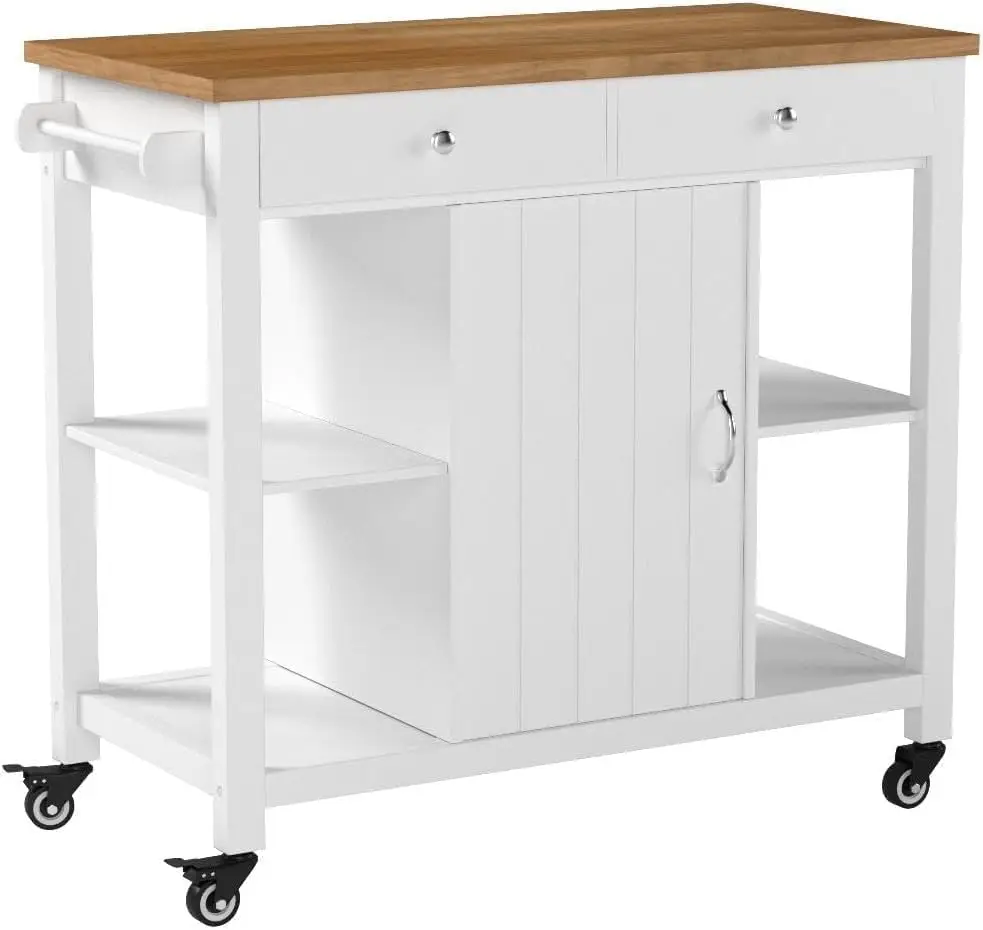 ChooChoo Kitchen Cart on Wheels with Wood Top, Utility Wood Kitchen Islands with Storage and Drawers, Easy Assembly - White