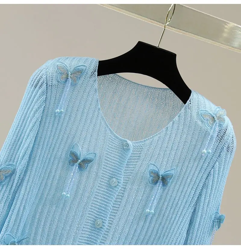 Knitted Cardigan for Women in 2024 New Summer Wear Thin Open Collarbone Top Knitting Air-conditioned Shirt Long-sleeved L141