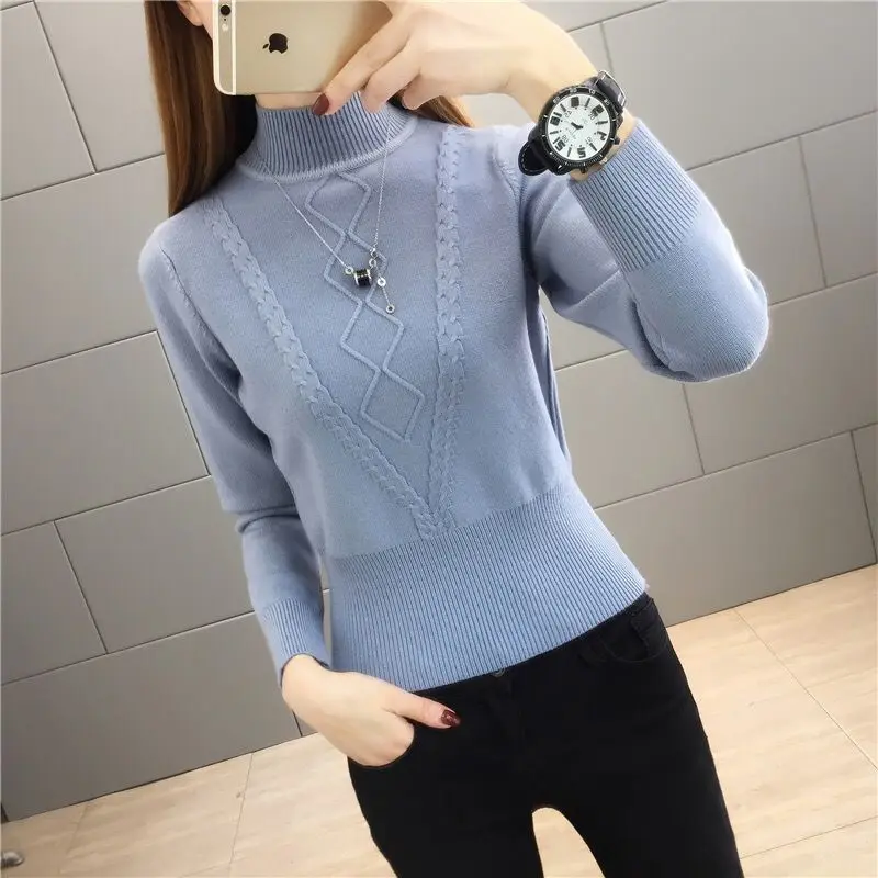 Autumn and Winter Women\'s Pullover Half High Neck Long Sleeve Solid Twist Stripe Plaid Slim Fit Sweater Fashion Casual Knit Tops