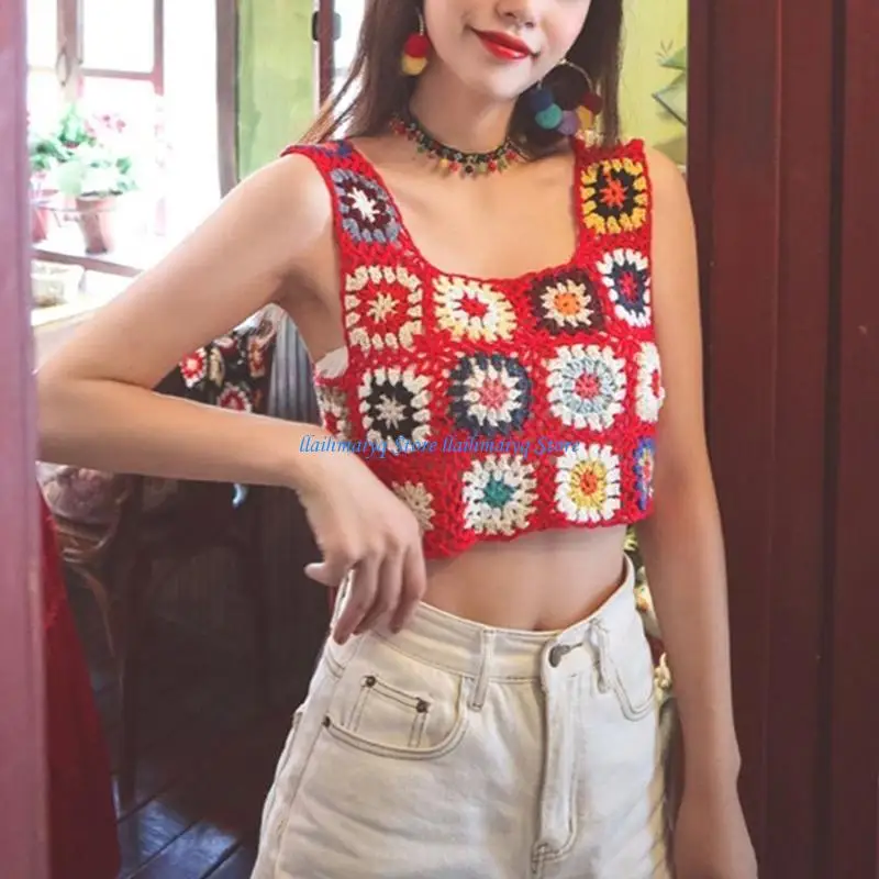

573B Women Ethnic Boho Sleeveless Crop for Tank Top Hollow Out Hand Crochet Plaid Flower Mini Vest Multicolored Summer Holiday
