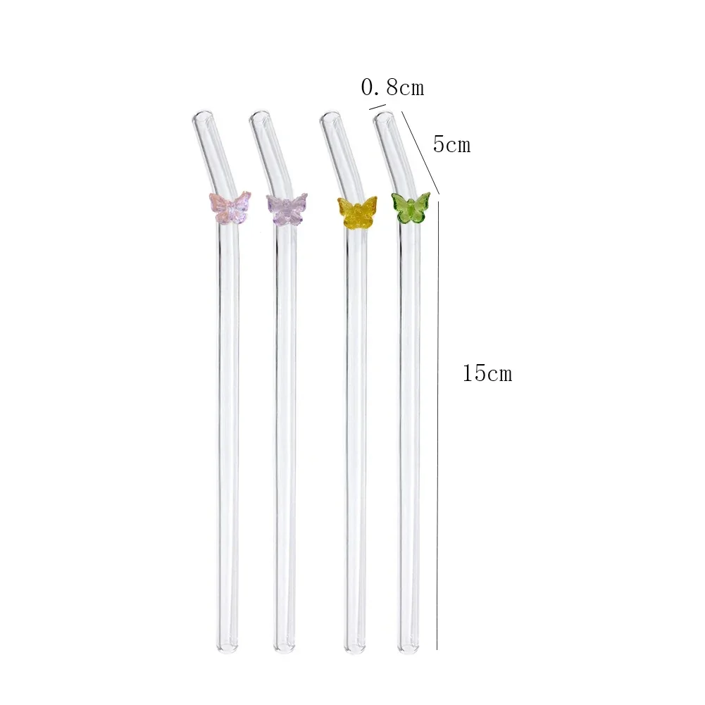 New Reusable Glass Straws with Butterfly Eco Friendly Drinking Straws with Clean Brush for Smoothies Cocktails Bar