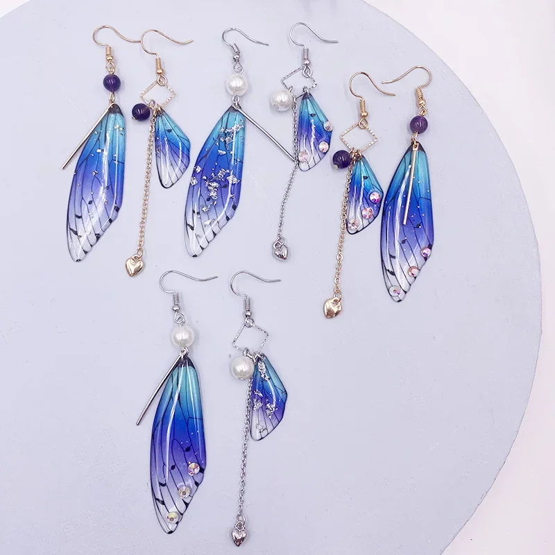 Temperament Fairy Long earrings Butterfly Wings Drop Earrings Dreamy Gradient Color Asymmetric Earrings Romantic Bridal Jewelry