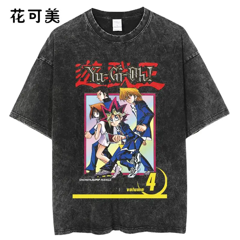 

Popular Japanese Anime Game Wang Shui Wash Old Vintage Short-sleeved T-shirt Pure Cotton Yu-Gi-Oh! Duel Monsters GameKing