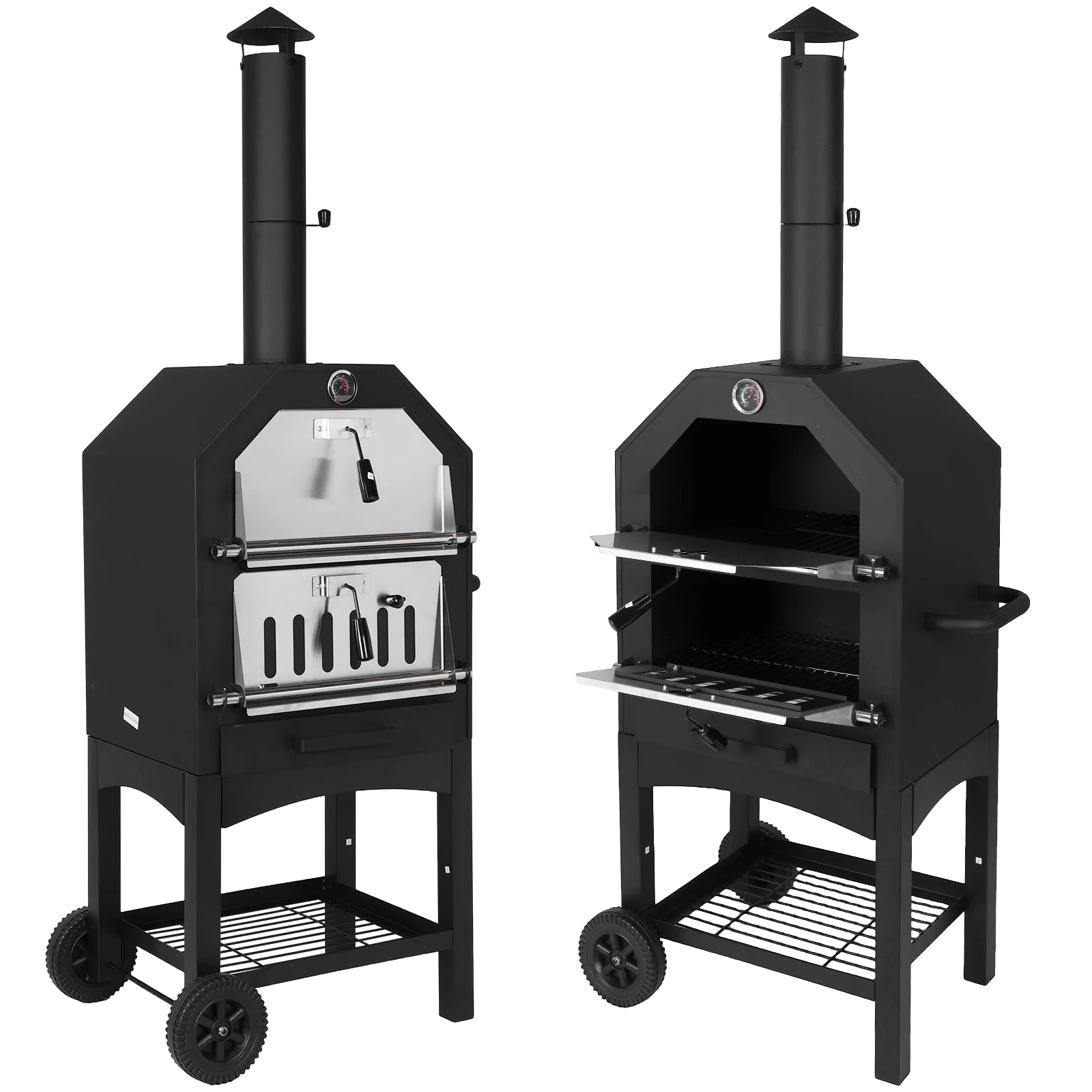 

2-Tier Freestanding Charcoal Pizza Oven with Firewood Storage Large Stainless Steel Pizza Oven for Backyard Camping Tailgating