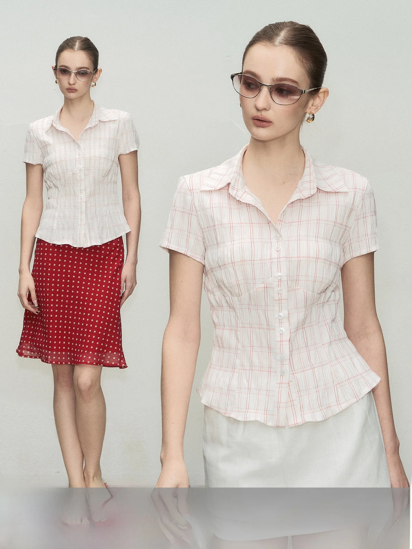

Fumisme Holiday Coastline Short Sleeve Shirt Summer New Style Casual Waist Cinched Checkered Pattern Breathable Skin-Friendly
