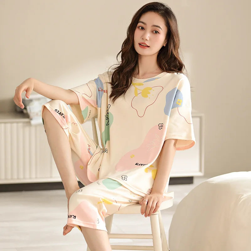 2023 Cotton pajamas women's summer short-sleeved cropped pants cartoon cute ladies plus size home service