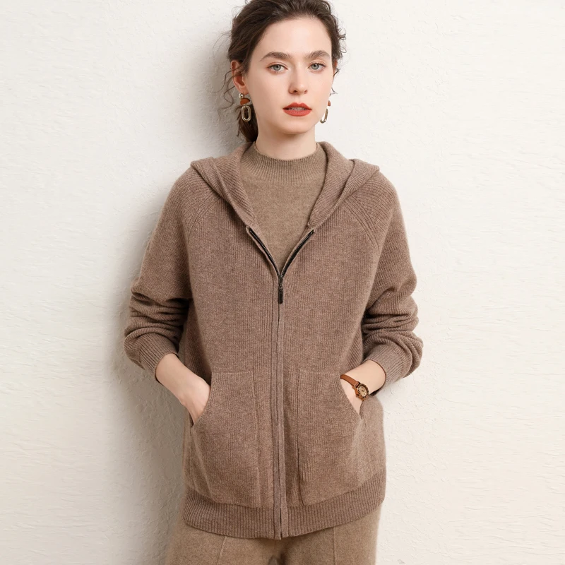 2022 Spring Autumn New Women\'s 100% Cashmere Cardigan Fashion Colors Female Knitted Hooded Cardigans Loose Soft Knit Classic