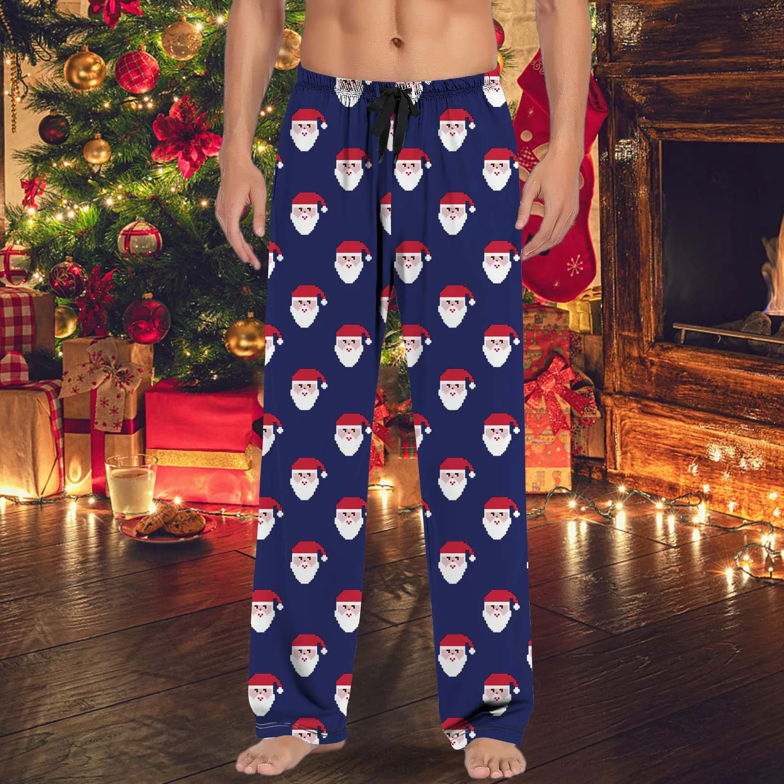 Mens Christmas Casual Pants Y2k Pajamas Drawstring Bottoms Pockets Trousers Funny Santa Claus Joggers Vacation Pantalones