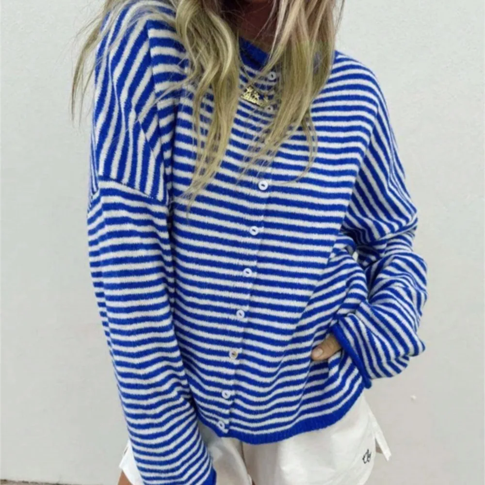 MsChuh Autumn Women's Clothing Pulls Femmes Contrast Striped Cardigan Outerwears Simple Style All-match Loose Comfortable Casual 3