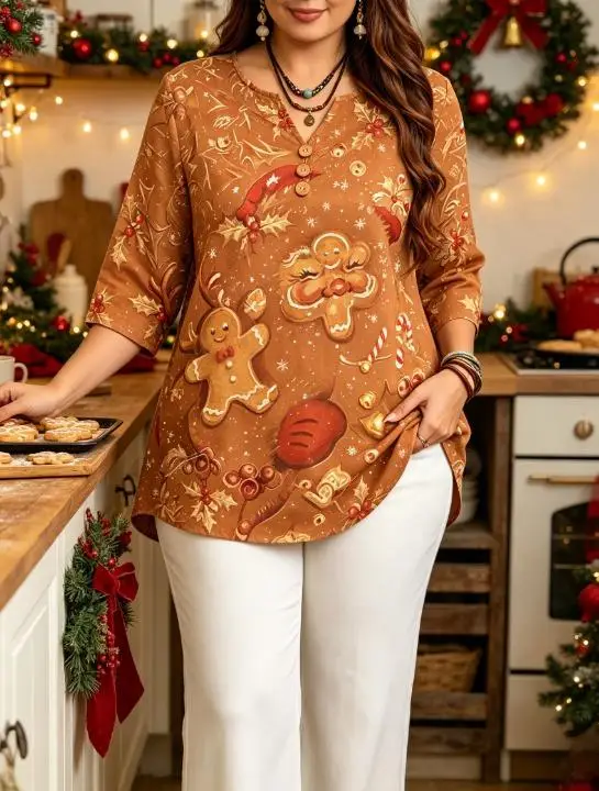 Women 3/4 Sleeve V‑Neck Blouse Vintage Sketch Style Christmas Reindeer Santa Bells Holly All‑Over Print Button Decoration Tops
