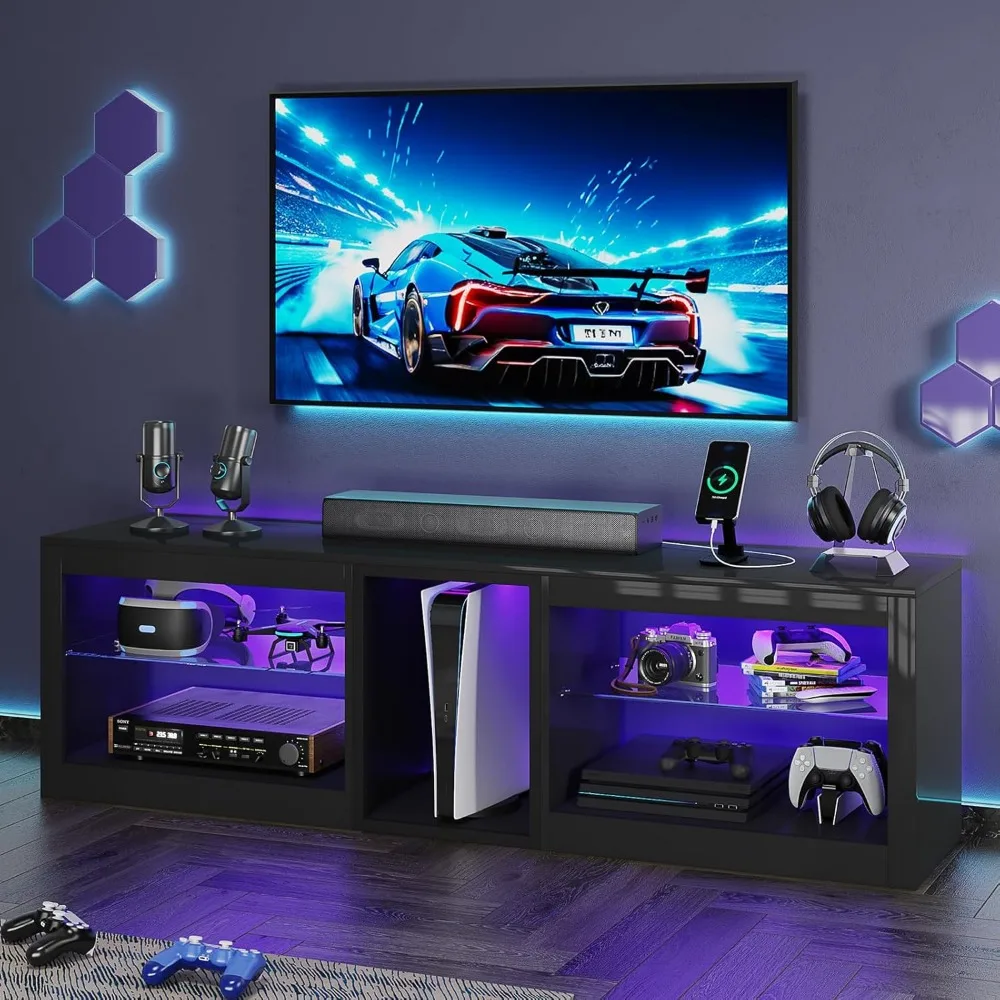 حامل تلفزيون LED عالي اللمعان مقاس 63 بوصة مع مخرج طاقة لتلفزيون 70 بوصة، ومركز ترفيه الألعاب لجهاز PS5، وحدات تحكم تلفزيون مع ضبط