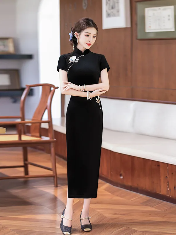 Embroidered Velvet Long Young Style Women's Qipao Traditional Chinese Waist-Cut Design Breathable Short Sleeve Summer Suit
