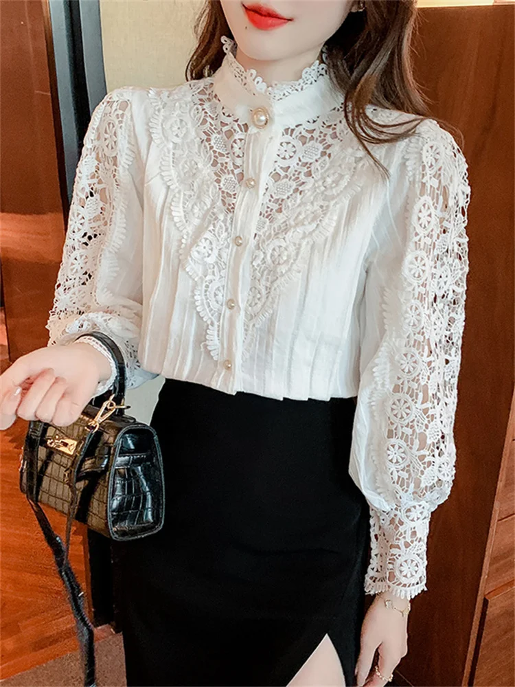 #3241 Black Beige Lace Shirt Women Stand Collar Split Joint Hollow Out Vintage Hollow Out Long Sleeve Shirt Ladies Pearls Button