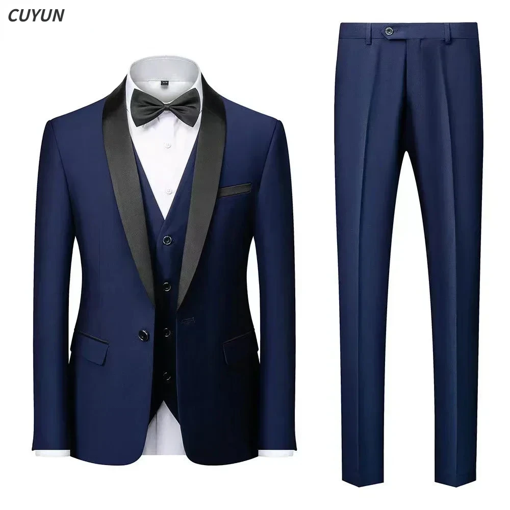 High Quality Men Suit 3 Pieces Set Wedding Elegant Blazers Bow Collar Luxury Jacket Pants Vest Formal Classic Coat 2024 Costume