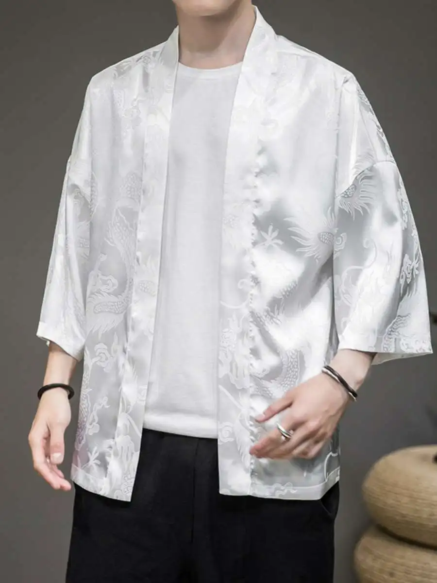 

Новая летняя ультратонкая дышащая солнцезащитная одежда из ледяного шелка: мужской свободный ханьфу-халат с драконом, мужская одежда Дао Пао, открытый фасон