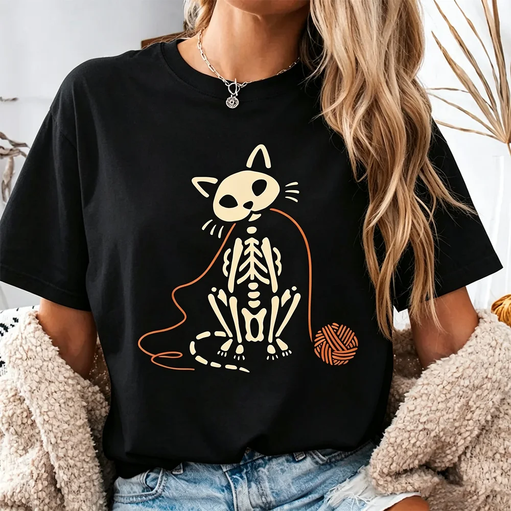 Halloween Skeleton Cat Yarn Ball Print T-shirt Women Gothic Casual Short Sleeve Round Neck Oversized Tee Cat Mom Gift Top