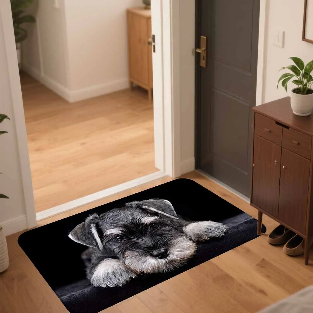Cute Schnauzer Puppy Doormat Black Background Rug Non-slip Floor Mat for Entrance Living Room Bedroom Home Decor Carpet