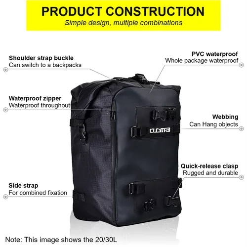 Imagen 2 del producto Bolsa de asiento trasero de motocicleta, bolsa lateral de sillín impermeable de 10L o 20L o 30L, paquete de equipaje, bolso de hombro multifunción, mochila
