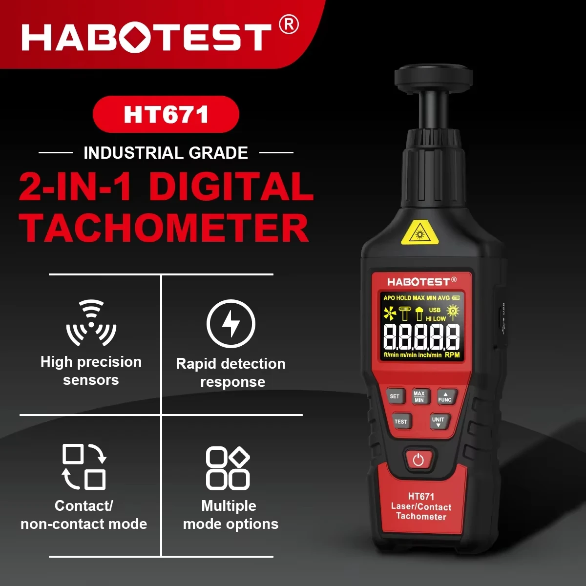 

HABOTEST HT671 Контактный и бесконтактный лазерный тахометр 2-в-1 (режим переключения) Акумуляторный тахометр с диапазоном подсчета 10-99999