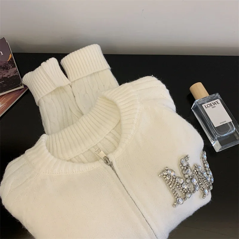 Women Diamond Letters Knitted Sweater Cardigan Zipper Long Sleeve High Street Knitwear Traf Tops Female Cashmere sweaters Jumper