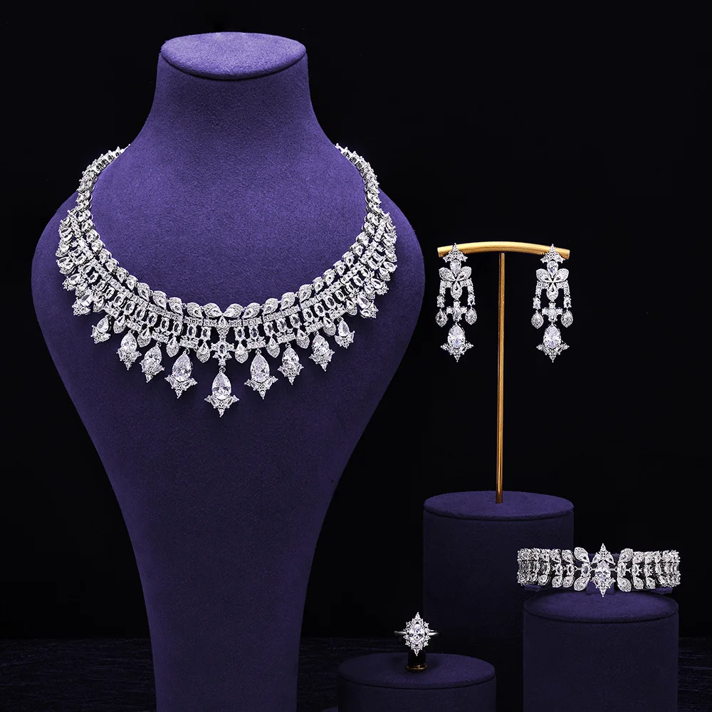 4 Pieces AAA Cubic Zirconia Statement CZ Crystal Necklace Earring Bracelet Ring Jewelry Sets Bridal Wedding Party Christmas Gift