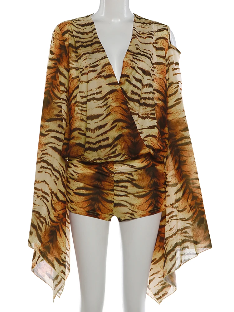 奇妙な猫のような虎柄ロンパース レディース セクシー 不規則な切り抜き フルスリーブ Vネック レースアップ ストレッチ ラッフル パッチワーク クラブウェア プレイスーツ