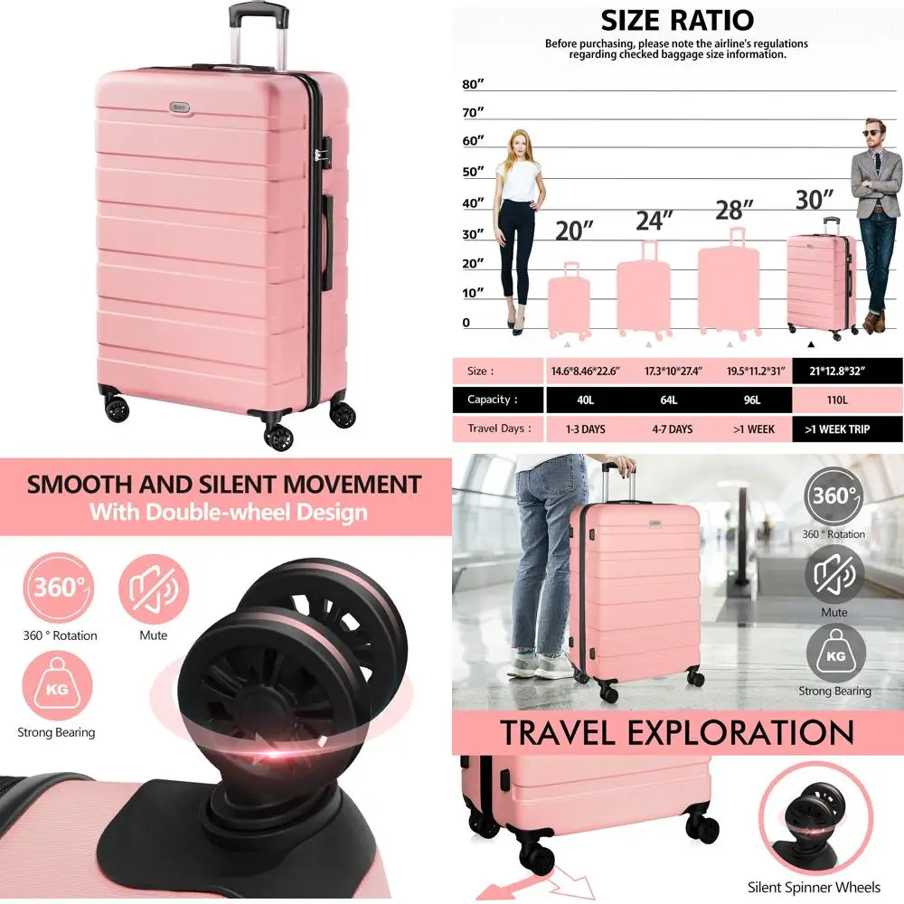 حقيبة ABS صلبة خفيفة الوزن مع 4 عجلات عالمية، قفل TSA، كبير 30 بوصة وردي، مثالية للسفر وتخزين الأمتعة