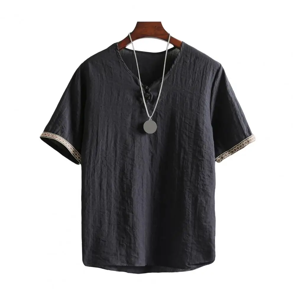 Summer Men Top Retro Ethnic Style Printed Knot Button Short Sleeves V Neck Pullover Mid Length Male T-shirt