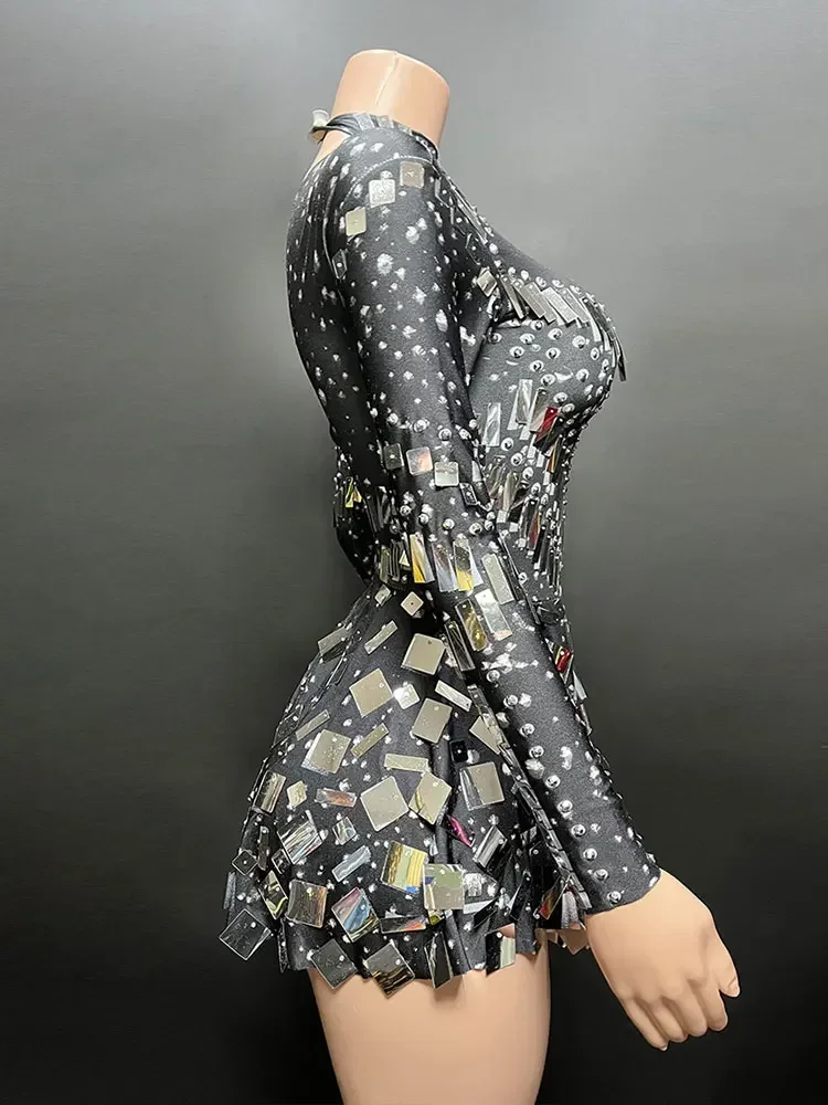 Black Stretch Stage Dance Dress Nightclub Party Celebrate Dress Women Dancer Performance Clothes Raquel Mirror Party Dress